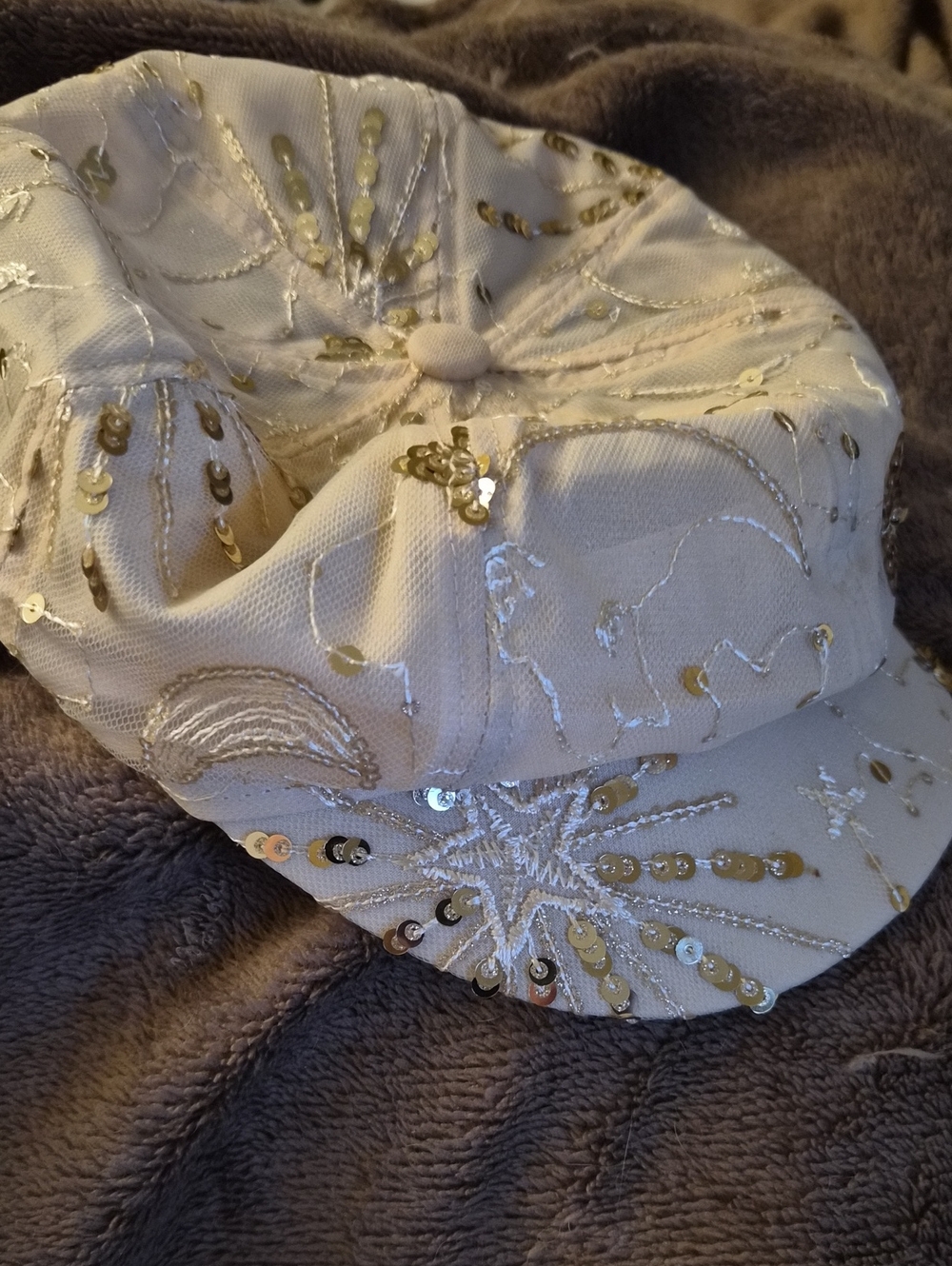 Girls Cream Sequin Embroidered Newsboy Cap